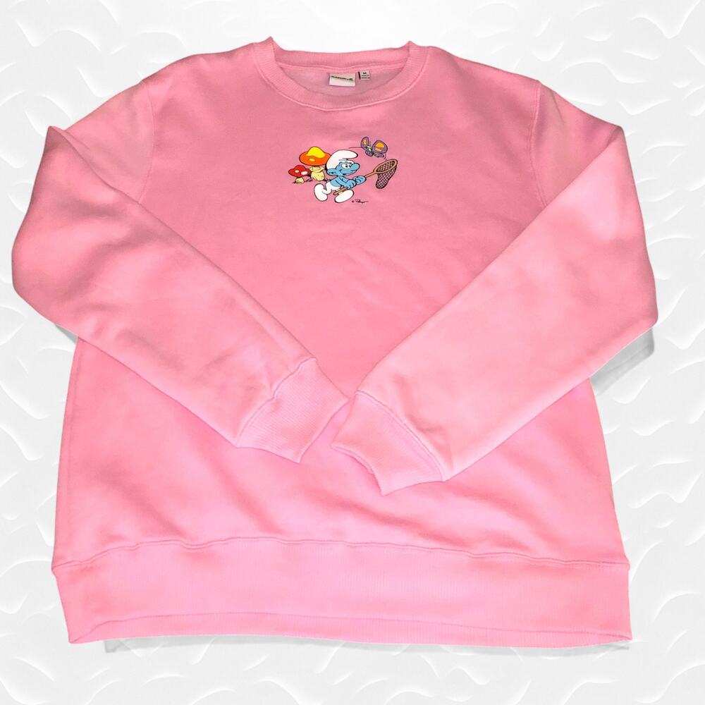 Smurfs Pink Sweatshirt Women's Size M Retro 90s Y2K Butterfly Mushroom Nature